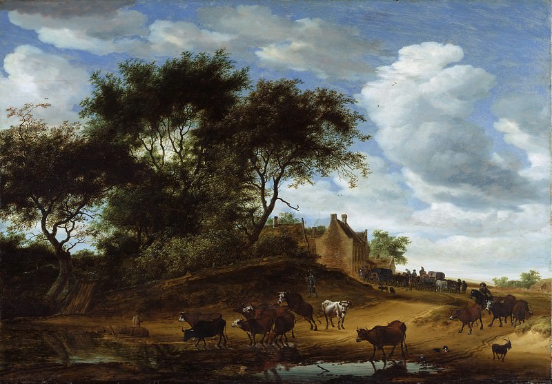 Salomon van Ruysdael, Dutch (active Haarlem), 1600/03?-1670 -- Landscape with Cattle and an Inn. Philadelphia Museum of Art