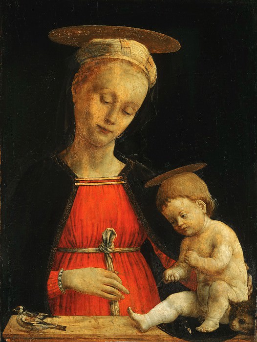 Спанцотти, Джованни Мартино (работал в Пьемонте ок1475-1523) -- Мадонна с Младенцем с птицей и котом. Музей искусств Филадельфии