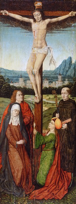 Attributed to the Master of the Legend of Saint Ursula, Netherlandish (active Bruges), active c. 1470-c. 1500 -- The Crucifixion, with an Abbot Saint. Philadelphia Museum of Art