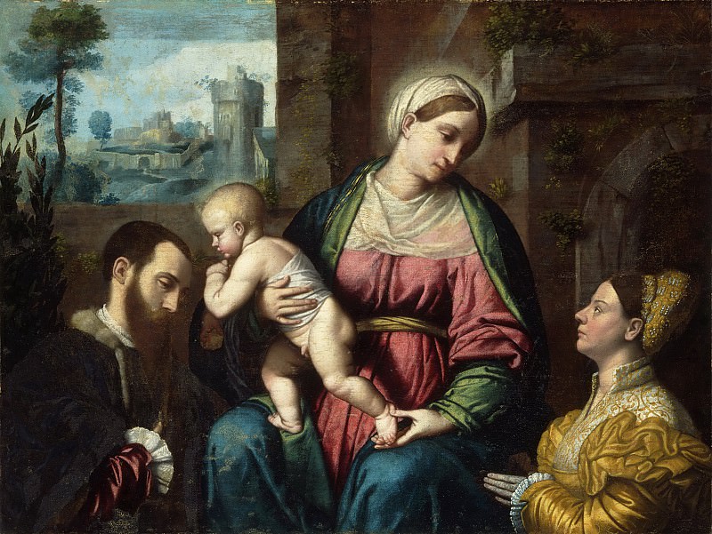 Moretto da Brescia (Alessandro Bonvicino), Italian (active Brescia), c. 1498-1554 -- Virgin and Child, with Two Donors. Philadelphia Museum of Art