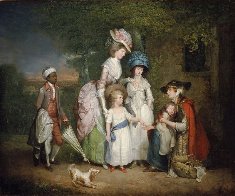 William Redmore Bigg, English, 1755-1828 -- A Lady and Her Children Relieving a Cottager. Philadelphia Museum of Art