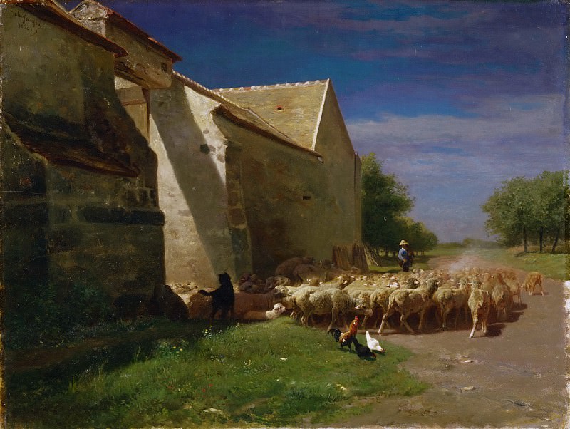 Жак, Шарль-Эмиль (Париж 1813-1894) -- Отара овец, покидающая ферму. Музей искусств Филадельфии