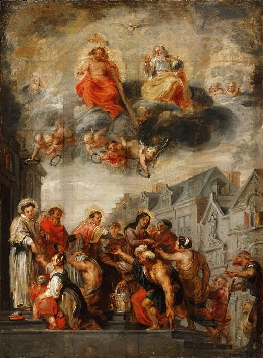 Дипенбек, Абрахам ван (1596 Хертогенбос - 1675 Антверпен) -- Святые Рох, Стефан, Лаврентий и Елизавета, раздающие милостыню. Музей искусств Филадельфии