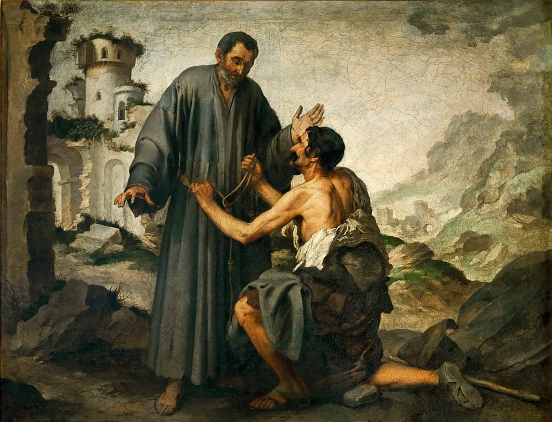 Bartolomé Estebán Murillo -- Brother Junipero and the Beggar. Part 3 Louvre