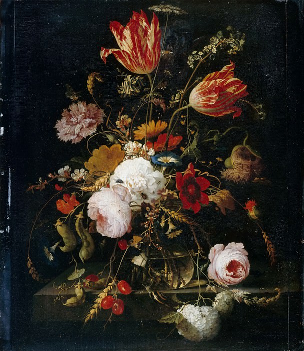 Abraham Mignon -- Flowers in a crystal vase, with pea branch and snail. Part 3 Louvre