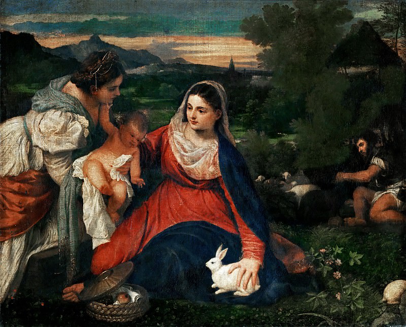 Virgin and Child with Saint Catherine and a Shepherd, called the Virgin with a Rabbit. Titian (Tiziano Vecellio)