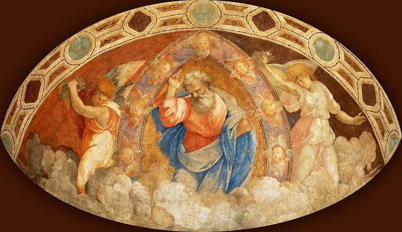 Raphael (Raffaello Sanzio) -- Workshop of Raphael. God Father. Mural, transposed on canvas. Originally from a semi-circular niche from the Chapel in the papal residence at Magliana. 140 x 283 cm RF 48. Part 3 Louvre