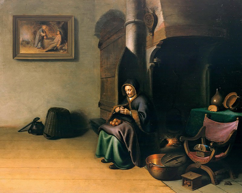 Доу, Герард (1613-1675) - Голландский интерьер с женщиной, чистящей яблоки. Часть 2