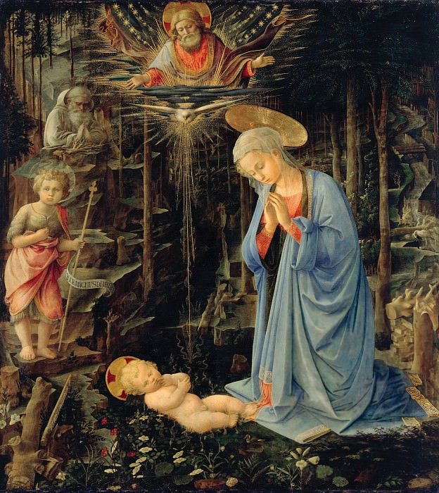 Липпи, Фра Филиппо (c.1406-1469) - Дева Мария, поклоняющаяся Младенцу, со свв Иоанном Крестителем и Бернардом. Часть 2