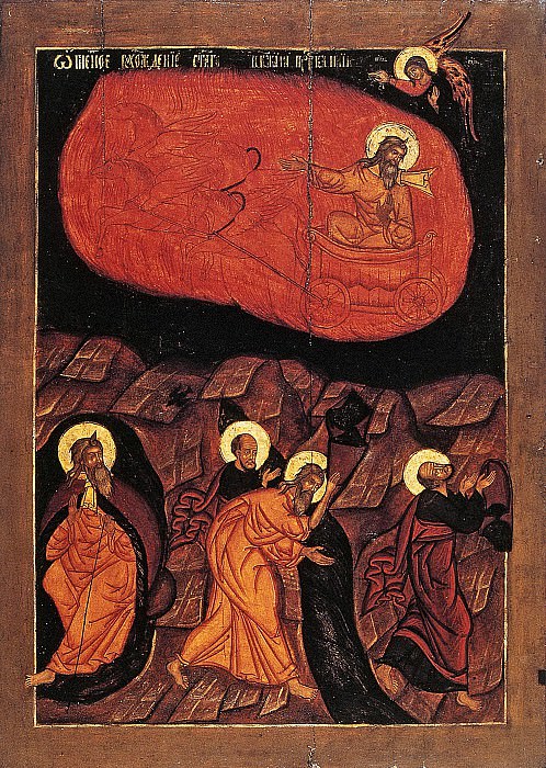Fiery ascent of prophet Elijah. Orthodox Icons