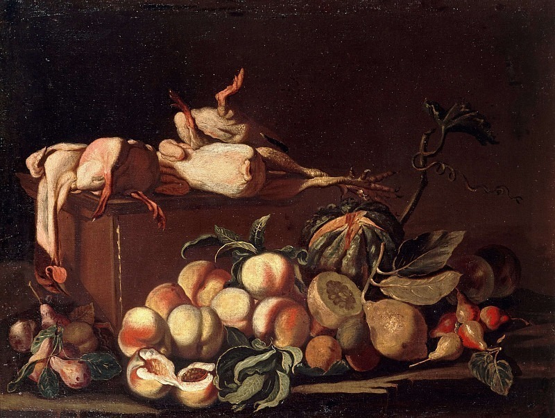 Натюрморт с курицей, утками, фруктами и тыквой. Неизвестные художники