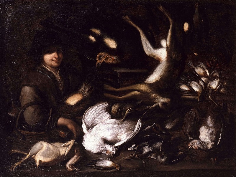 Still Life with Game and Young Man with Basket. Unknown painters