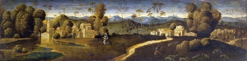 Country landscape with village and figures. Unknown painters