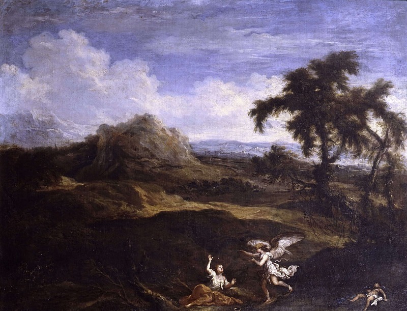 Hagar and Ishmael in the desert comforted by the angel. Unknown painters