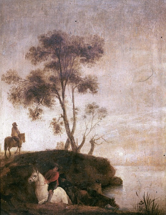 Lake landscape with horsemen. Unknown painters