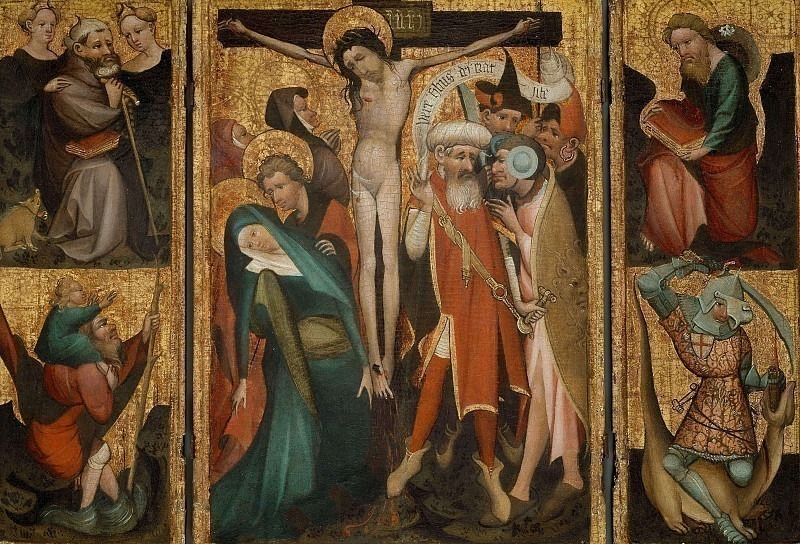 Triptych of the Crucifixion with Saints Anthony, Christopher, James and George. Unknown painters