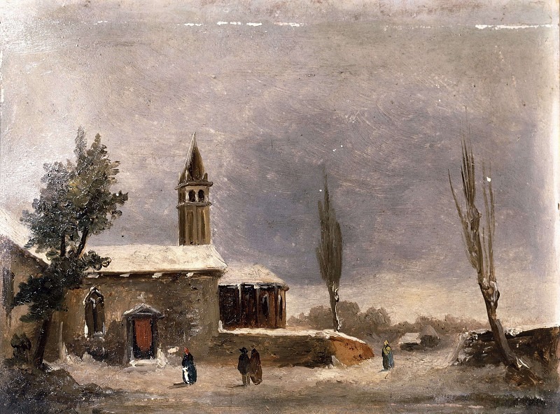 Вид на деревню с церковью под снегом
