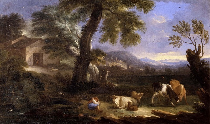 Landscape with shepherd and herd. Unknown painters