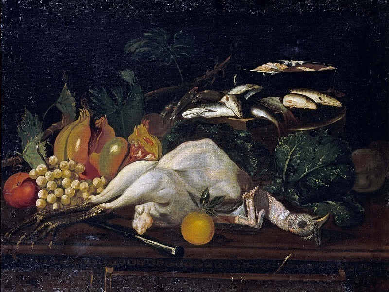 Натюрморт с индейкой, рыбой, фруктами и капустой. Неизвестные художники
