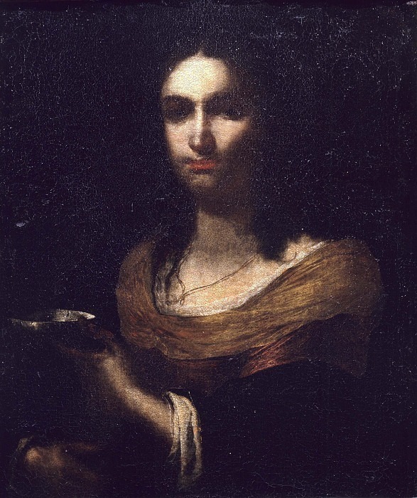 Portrait of young woman with cup in hand. Unknown painters
