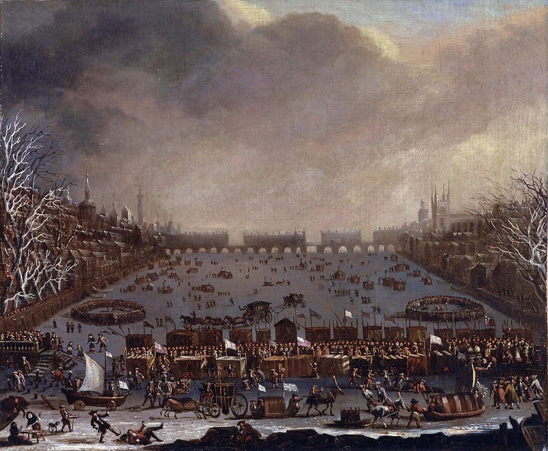 Морозная ярмарка на Темзе, вдали Старый Лондонский мост. Неизвестные художники