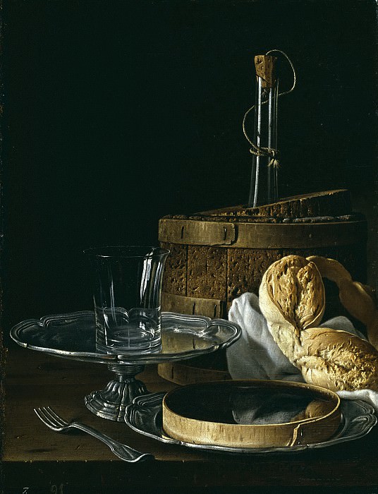 Meléndez, Luis Egidio -- Bodegón con caja de jalea, rosca de pan, enfriador con botella, salvilla de plata y vaso. Part 2 Prado Museum