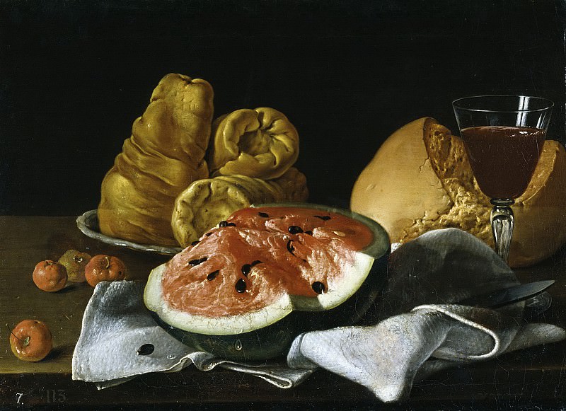 Мелендес, Луис Эгидио -- Натюрморт: арбуз, хлеб, бублики и бокал. Часть 2 Музей Прадо