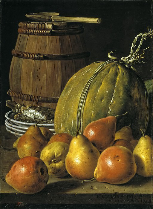 Meléndez, Luis Egidio -- Bodegón: peras, melón, platos y barril. Part 2 Prado Museum