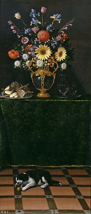 Хамен и Леон, Хуан ван дер -- Натюрморт с вазой с цветами и собачкой. Часть 2 Музей Прадо