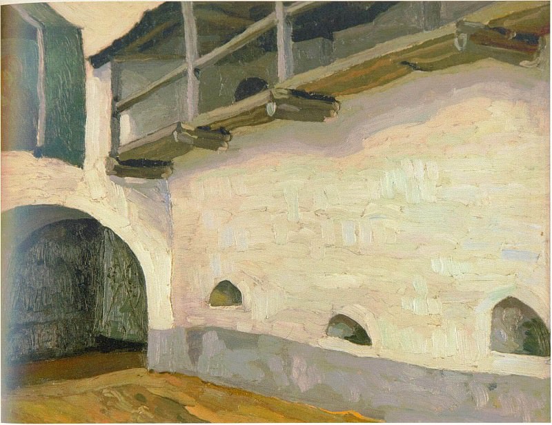Pechora. Entrance to the monastery and the wall with the transition (Pechora. Gate. Interior view). Roerich N.K. (Part 1)
