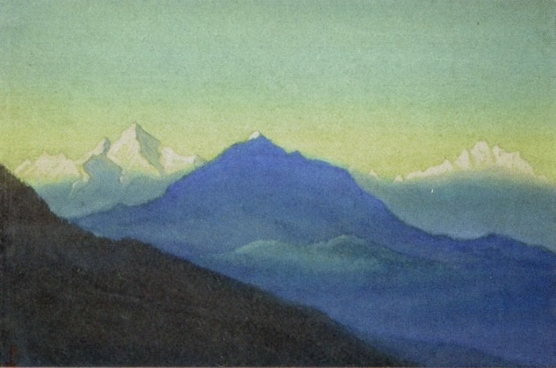 Morning. Himalaya # 34 Blue spurs against the background of snowy mountains. Roerich N.K. (Part 6)