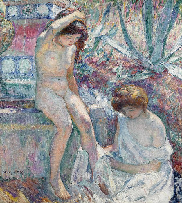 Henri Lebasque - Saint-Tropez, Madame Lebasque and Marthe near Fountain, 1907. Sotheby’s