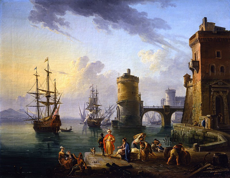 Jean Baptiste Lallemand A port scene Turkish merchants on the landing stage in front of ships 26673 172. часть 3 -- European art Европейская живопись