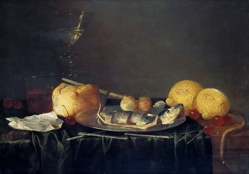 Cornelis Mahu (1613-1689) - Still Life with a chopped herring. Part 1