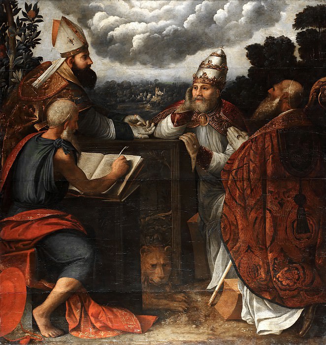 Dosso Dossi (1489-1542) - Dispute of four Church Fathers on the Immaculate Conception. Part 1