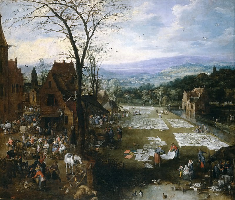 Беление холстов близ рынка во Фландрии (совместно с Йосом де Момпером). Ян Брейгель Старший