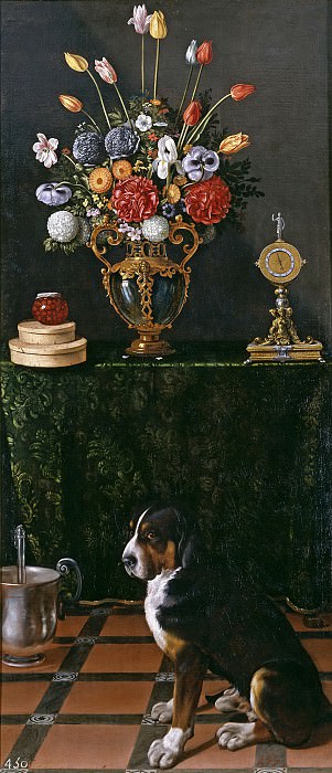 Hamen y León, Juan van der -- Naturaleza muerta con florero y perro. Part 4 Prado Museum