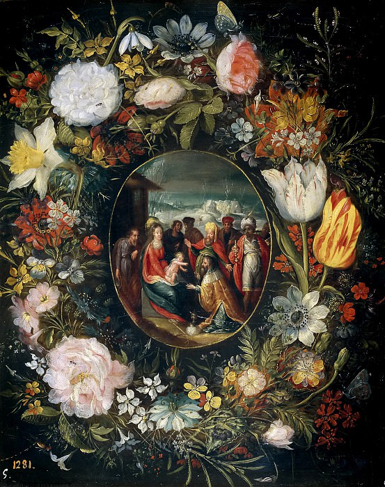 Guirnalda con la Adoración de los Reyes Magos. Pieter Brueghel the Younger
