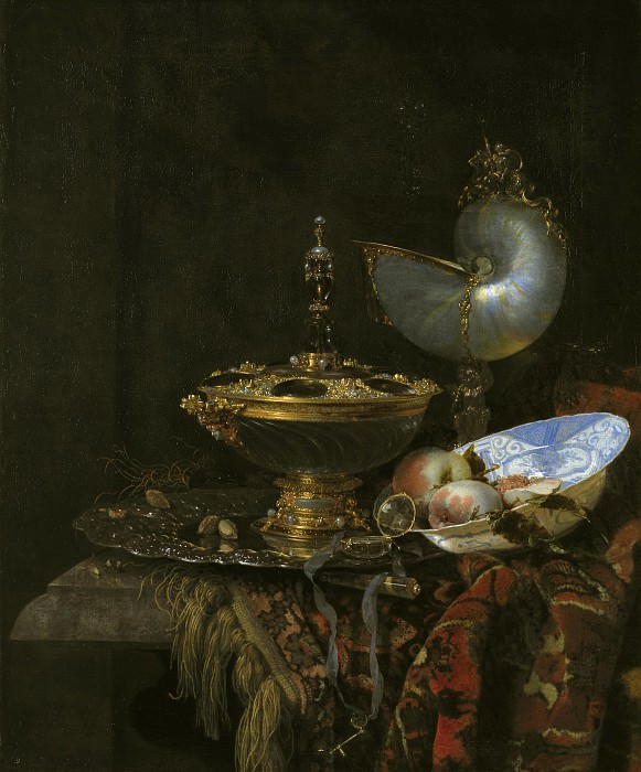 Willem Kalf (1619-93) - Pronk Still Life with Holbein Bowl, Nautilus Cup, Glass Goblet and Fruit Dish. Kobenhavn (SMK) National Gallery of Denmark