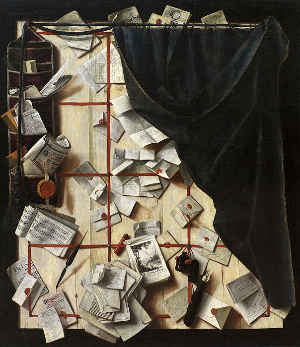 Гейсбрехтс, Корнелис Норбертус (ок1610- после 1675) - Тромплёй. Занавес со стойкой для писем и нотными тетрадями. Копенгаген (SMK) Датская национальная галерея