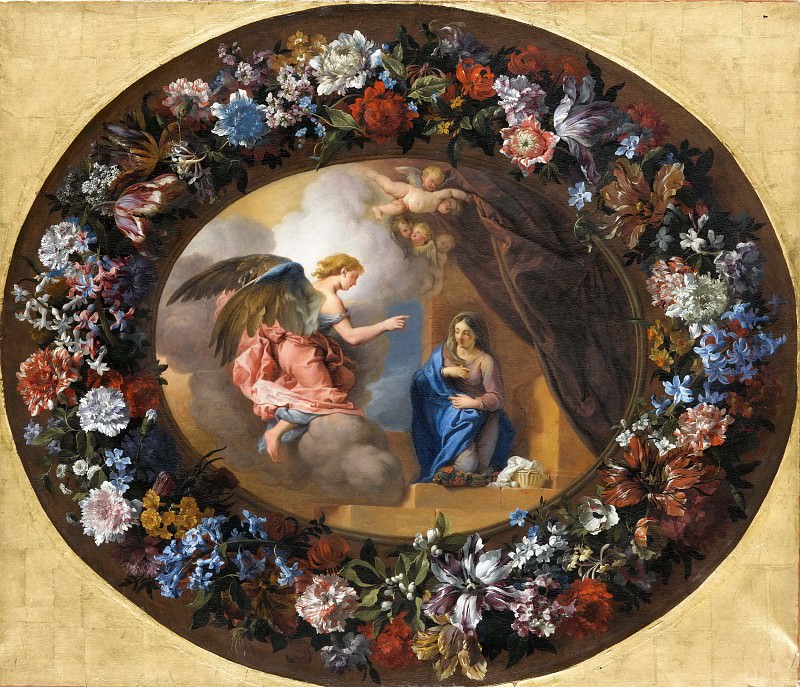 Charles de la Fosse, wreath of flowers by Jean-Baptiste Monnoyer -- Annunciation. Part 1 Louvre