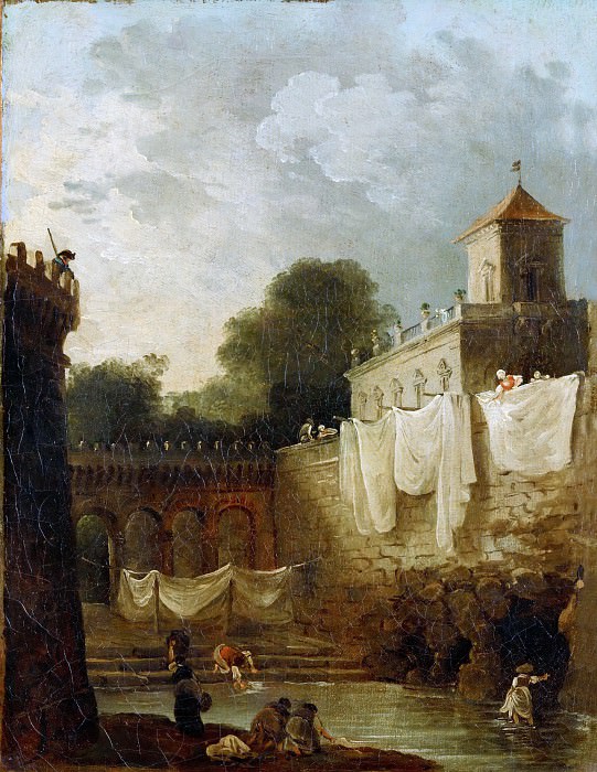 Robert, Hubert -- Lavandieres dans les fosses d’une villa italienne-washerwomen in the moat of an Italian villa. Canvas, 32, 5 x 24, 5 cm M.N.R.681. Part 1 Louvre