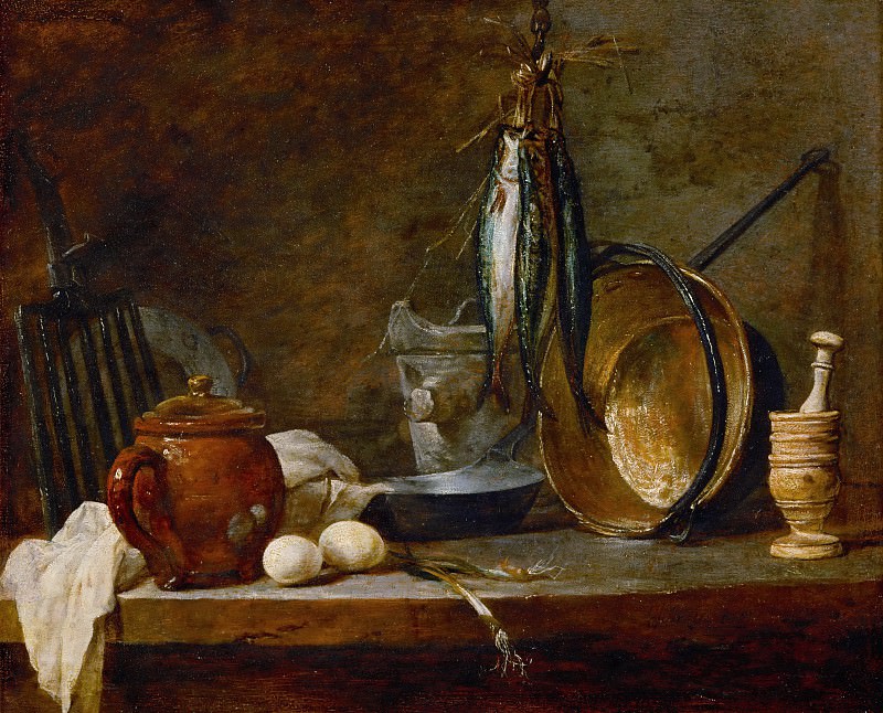 Chardin, Jean-Baptiste Simeon -- Menu du Maigre et ustensiles de cuisine, 1731 Canvas, 33 x 41 cm Inv. 3204 Companion piece of Inv.3205, Menu du Gras, (40-12-08/10). Part 1 Louvre