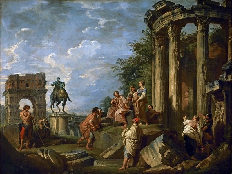 Панини, Джованни Паоло (1691 Пьяченца - 1765 Рим) -- Руины с аркой Януса, храмом Весты и конной статуей Марка Аврелия. часть 1 Лувр