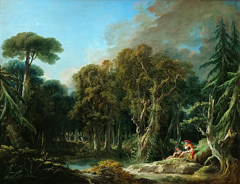 Forest landscape with soldiers. Francois Boucher
