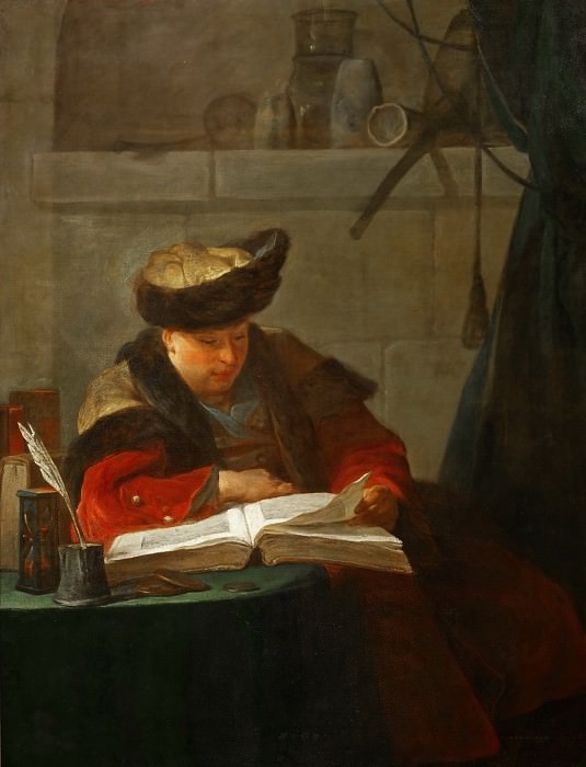 Chardin, Jean-Baptiste Simeon -- Un chimiste dans son laboratoire, dit aussi un philosophe occupee de sa lecture-a chemist in his laboratory, also a philosopher reading; a portrait of the painter Joseph Aved (1702-1766). Canvas, 138-105 cm R.F. 2169. Part 1 Louvre