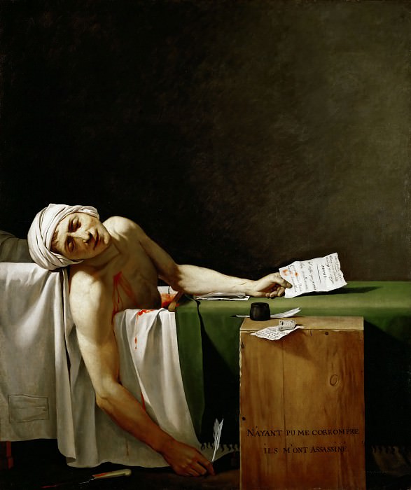 David, Jacques Louis -- Jean Paul Marat, politician and publicist, dead in his bathtub, assassinated by Charlotte Corday in 1793. Oil on canvas 165 x 128 cm. Part 1 Louvre