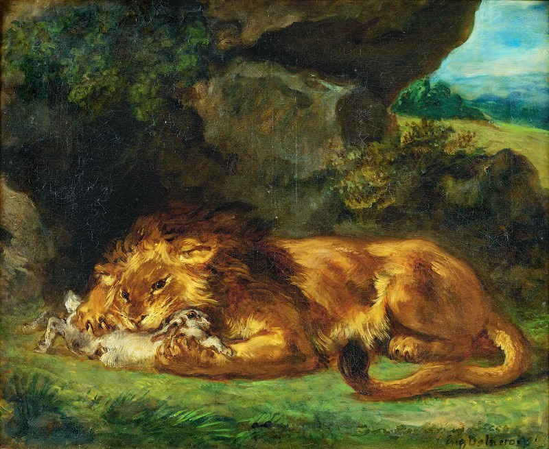 Delacroix, Eugene (1798 Charenton-Saint-Maurice - 1863 Paris) -- Lion devouring a hare. Part 1 Louvre