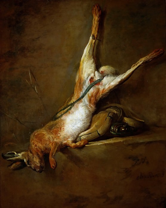 Chardin, Jean-Baptiste Simeon -- Lievre mort avec poire a poudre et gibecier, 1730 Dead hare with powder flask and game-bag. Canvas, 98 x 76 cm R.F.1979-55. Part 1 Louvre