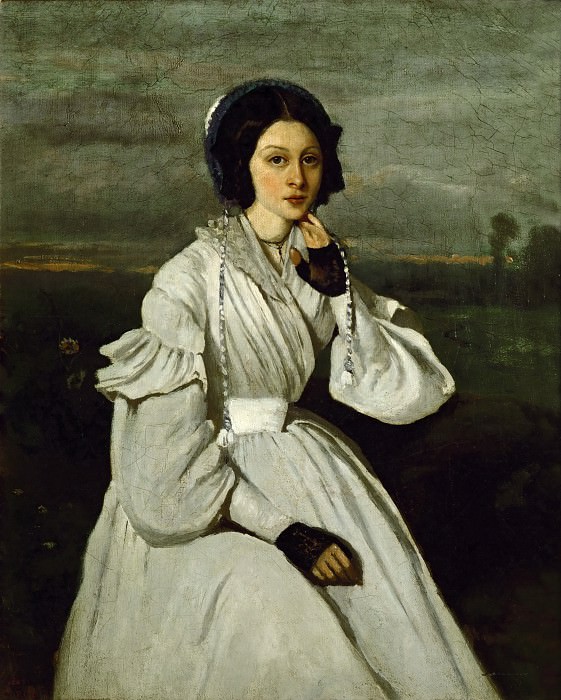 Corot, Jean-Baptiste Camille -- Girl in white dress in a landscape. Claire Sennegon (1837). Oil on canvas 63 x 35 cm RF 2560. Part 1 Louvre